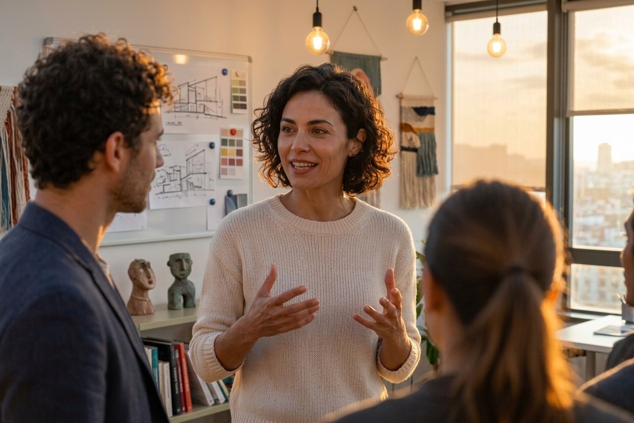Une femme s'adresse à trois collègues dans un bureau, mains ouvertes, dans la lumière chaude de fin de journée — la présence et l'assurance d'un leadership incarné